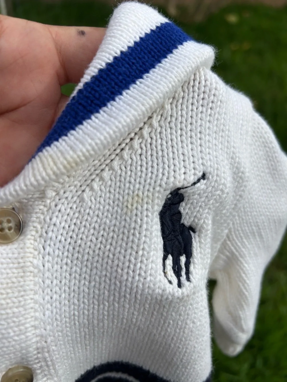 Ralph Lauren Cream Baby Shawl Cardigan with Navy Stripes flaws